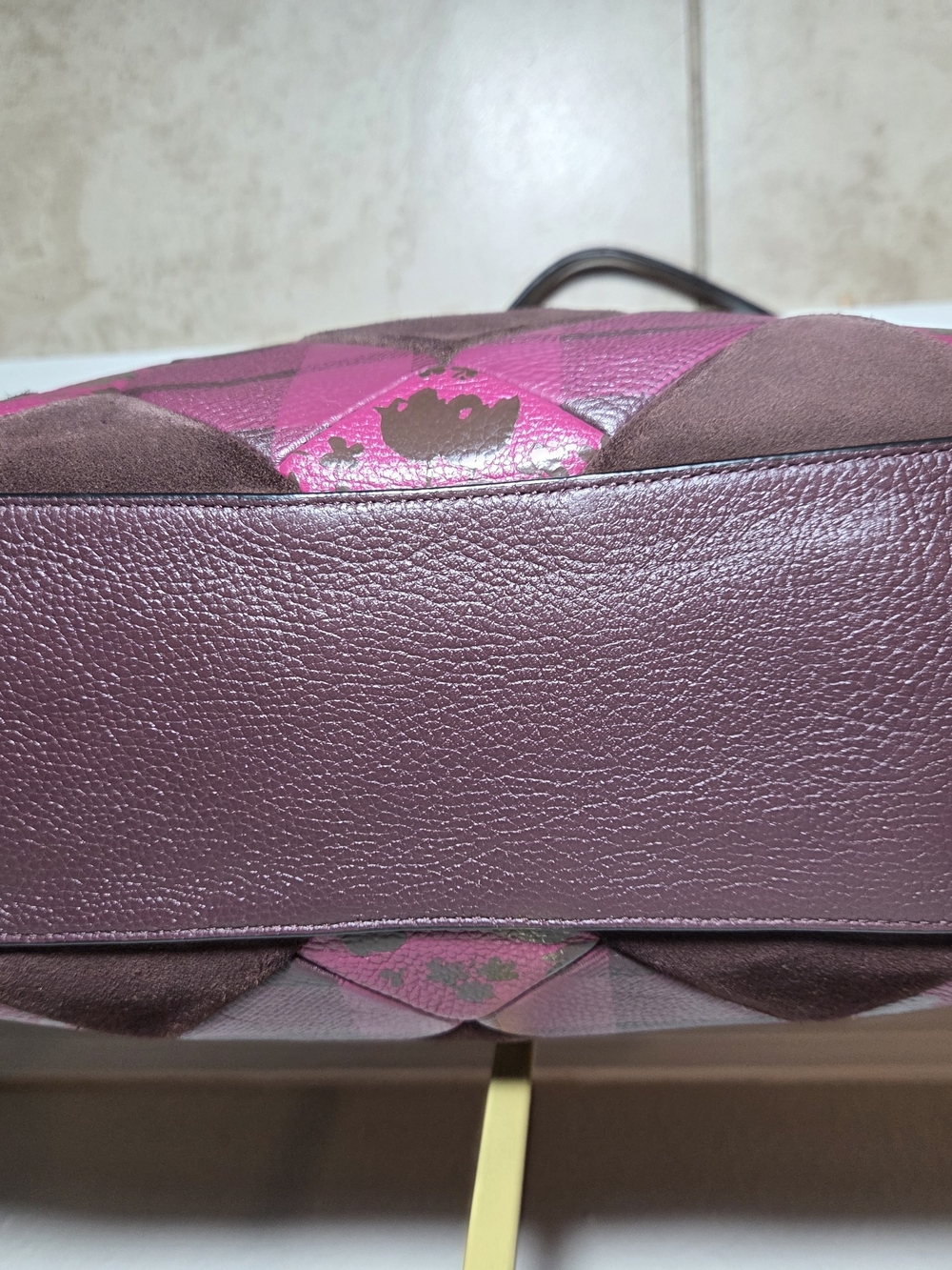 Coach Oxblood Patchwork Floral Print Edie Turn Lock Leather/Suede Shoulder Bag - Picture 5 of 8